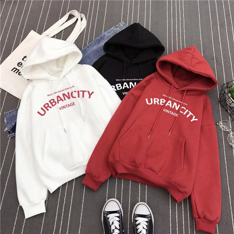 

Women Hoodies Thicker Plus Velvet Warm Soft Letter Printed Simple All-match Pockets Leisure Pullovers Womens Trendy Sweatshirt