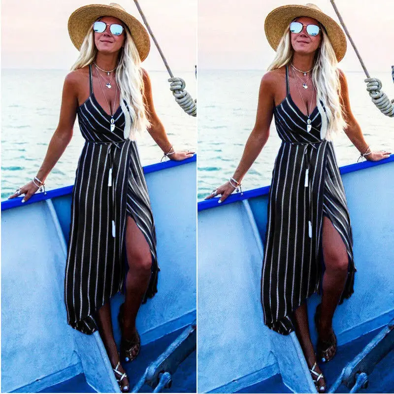 Летнее женское платье макси в полоску стиле бохо вечернее на тонких бретелях