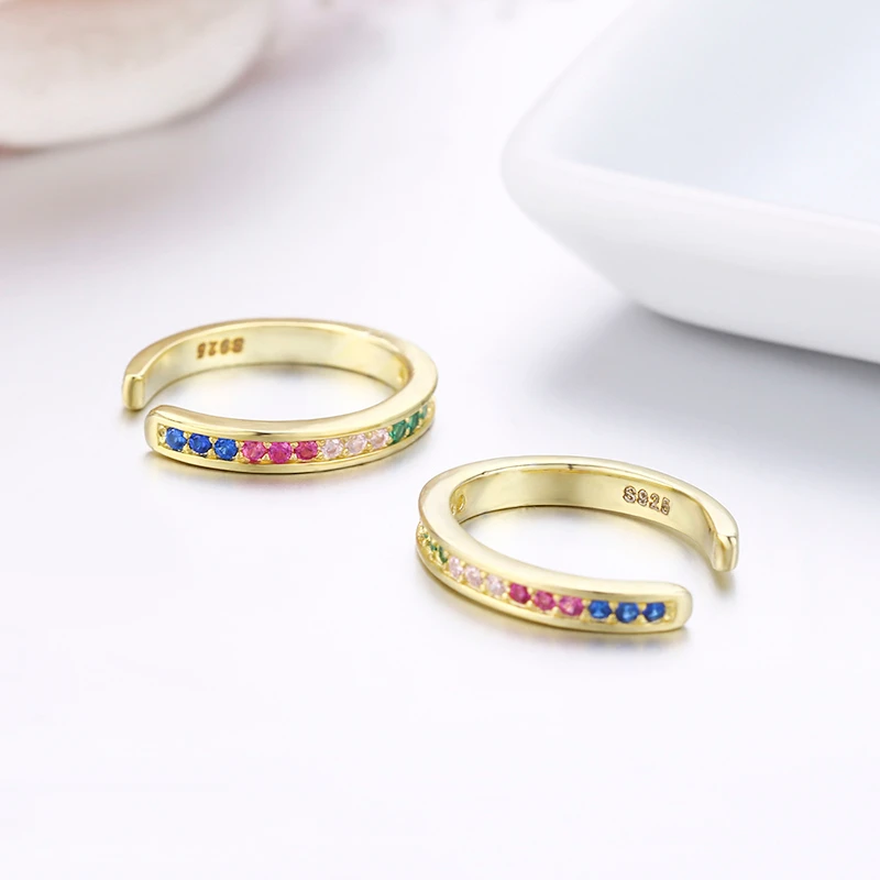925 Sterling Silver Gold Color Rainbow CZ Circle Clip Earrings For Women Girls Jewelry Ear Cuff Jacket Cartilage Earless Hole | Украшения и