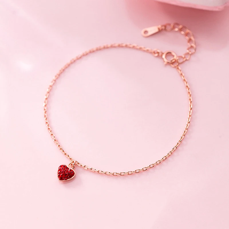 Женский браслет из серебра 100% пробы с красным сердцем и розой|Гибкие жесткие