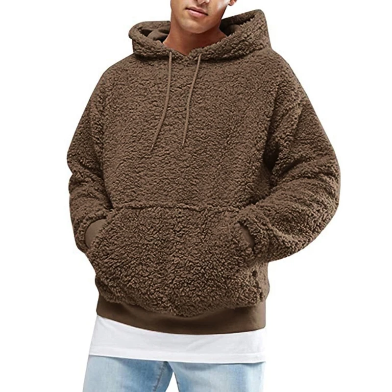 U90E Men Boys Winter Thicken Plush Long Sleeve Sweatshirt Pullover Drawstring Hoodie Tops with Pocket Fluffy Kangaroo Outwear
