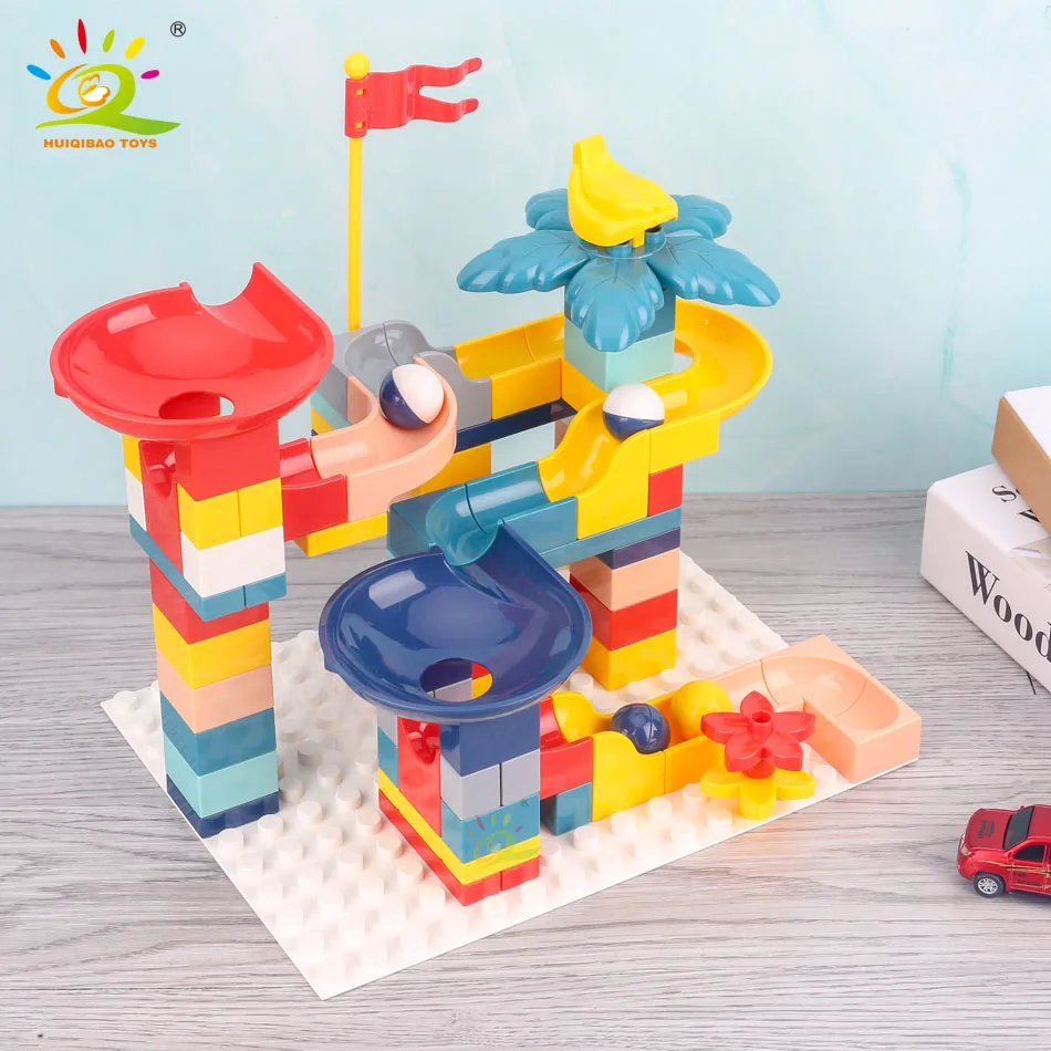 

HUIQIBAO 85Pcs Marble Race Run Building Blocks Large Maze Ball Funnel Slide Track Construction Bricks Educational Toys Children