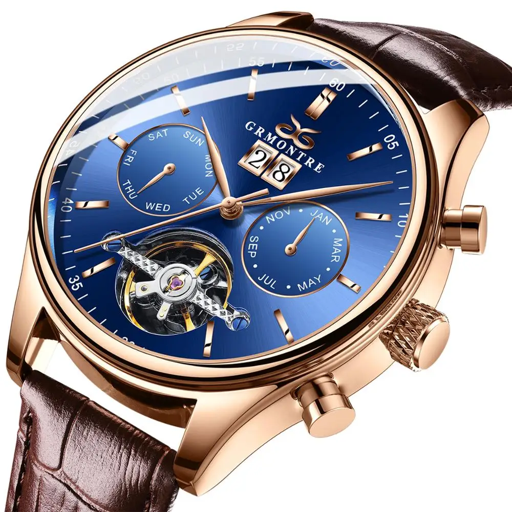 GRMONTRE Skeleton Tourbillon Mechanical Watch Men Automatic Classic Rose Gold Leather Mechanical Wrist Watches Reloj Hombre 2020