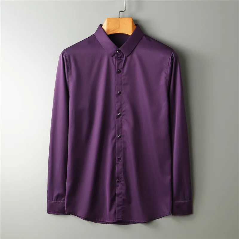 Autumn Long Sleeve Casual Business Boys Silk Shirt Slim Fit Thin Social Men Purple Shirt Male Formal Oversized Button Shirt Top