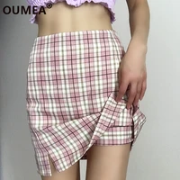 oumea women pink plaid skirts high waist cute check skirt summer female chic short casual skirt going out pink skirt for girls