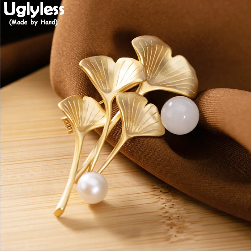 

Uglyless Ginkgo Leaves Pendants Necklaces NO Chains Dual-use Pins Brooches for Women Natural Pearl Jade Brooch 925 Silver Bijoux