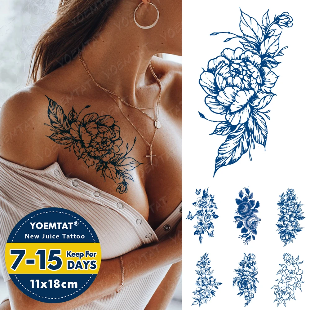 

Juice Ink Tattoos Body Art Lasting Waterproof Temporary Tattoo Sticker Line Peony Tatoo Arm Fake Lotus Flower Tatto Women Men