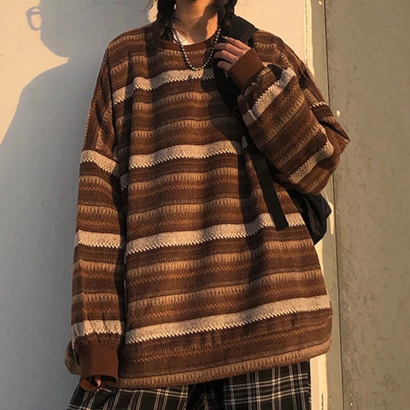 

Winter Women Knitted Loose Sweater Oversized O-Neck Pullovers Tops Ladies Korean Striped Long Sweaters Sueter Mujer Female