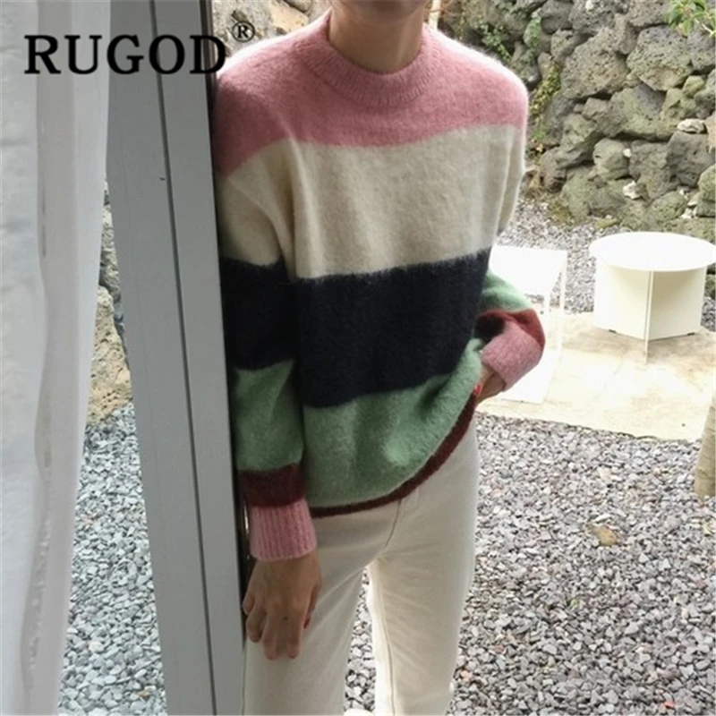Женский шерстяной свитер RUGOD повседневный Свободный пуловер в полоску с круглым
