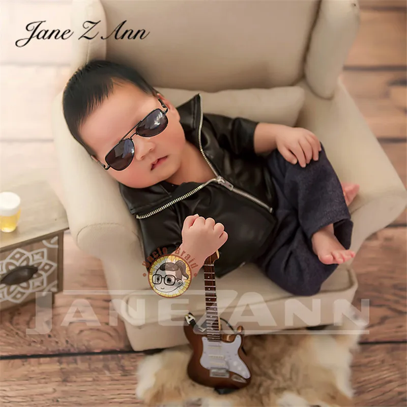 Jane Z Ann Newborn Photography props infant faux Leather jacket pants Social People cool boy boss creative studio shooting item | Детская