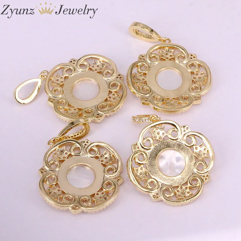 4PCS, Flower Pendant Charm Golden Micro Paved CZ Jesus Mothr Of Pearl Jewelry Crystal Necklace