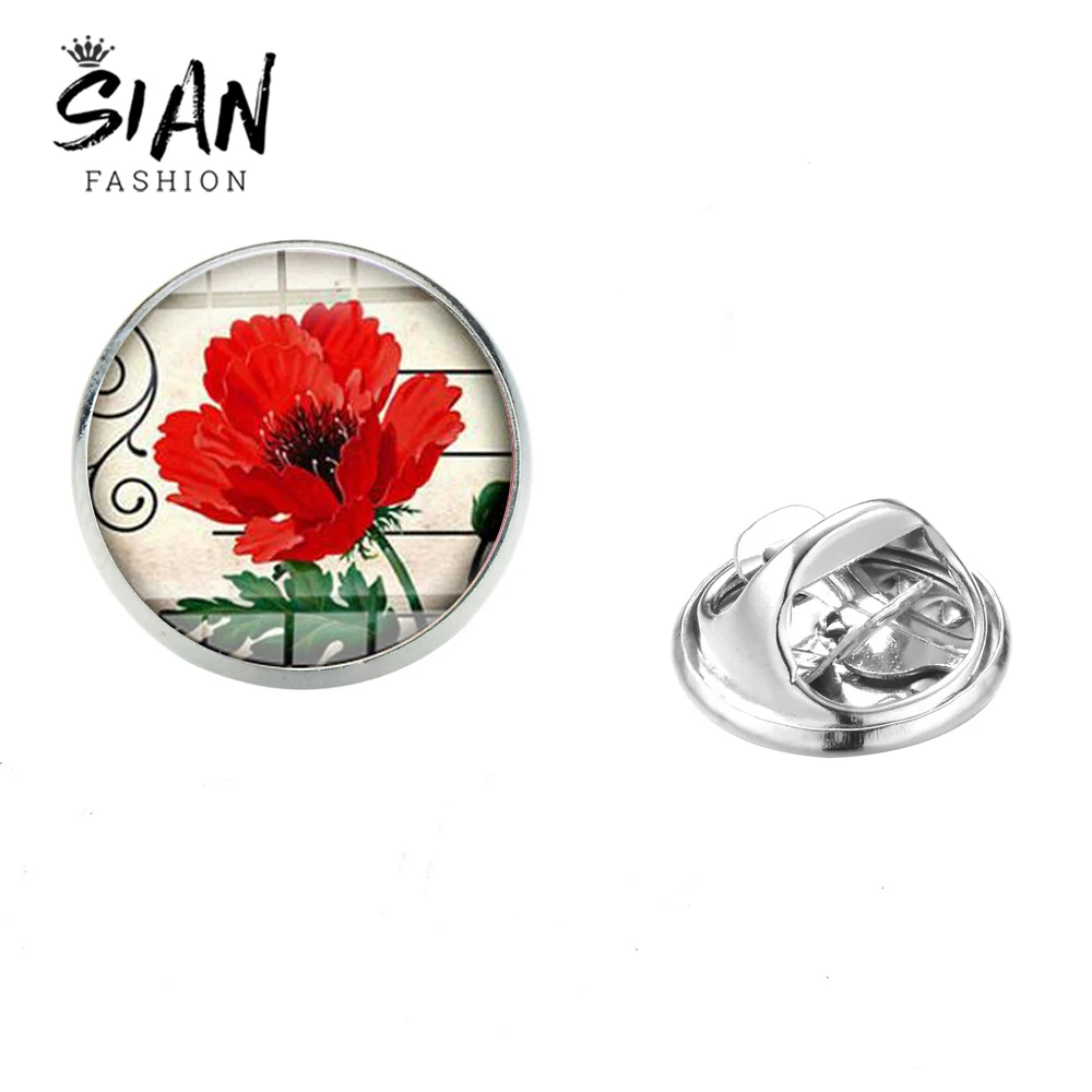 SIAN Vintage Red Flower Charm Brooch Pin Field of Flowers Stainless Steel Silver Plated Crystal Backpack Shirt Badge Women | Украшения и