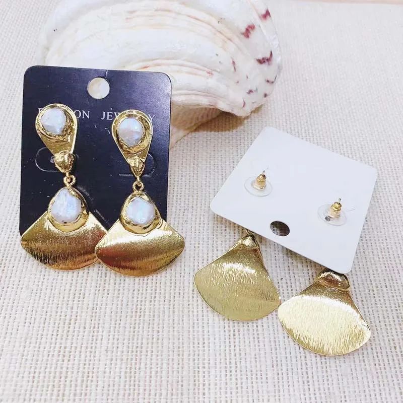 

New Personality Geometric Freshwater Pearl Earrings Drop Dangle Earring Copper 24K Gold Plated 3pairs