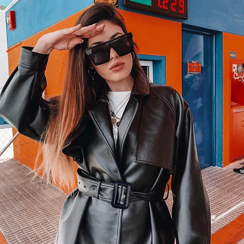 2020 Sexy Women High Street Trench Coat Sashes Lace Up Black PU Leather Windbreaker Slim Autumn | Женская одежда