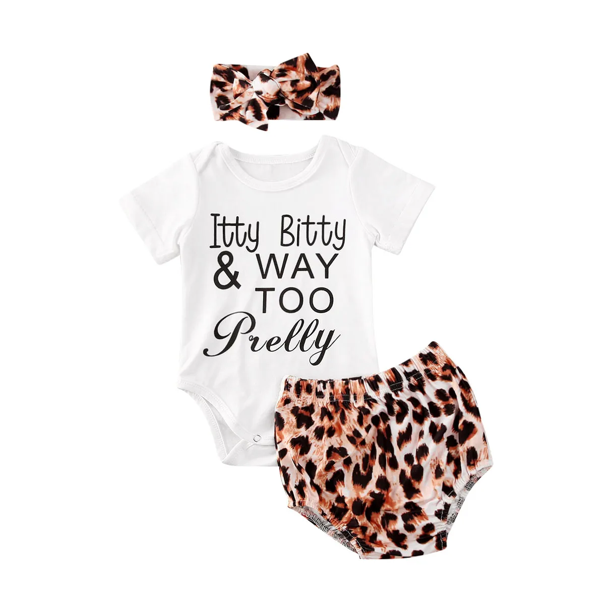 

Emmababy Baby Girls 3PCS Clothes Sets Letter Printed Bodysuit Romper + Leopard High Waist Shorts + Headband 0-18M Newborn Outfit