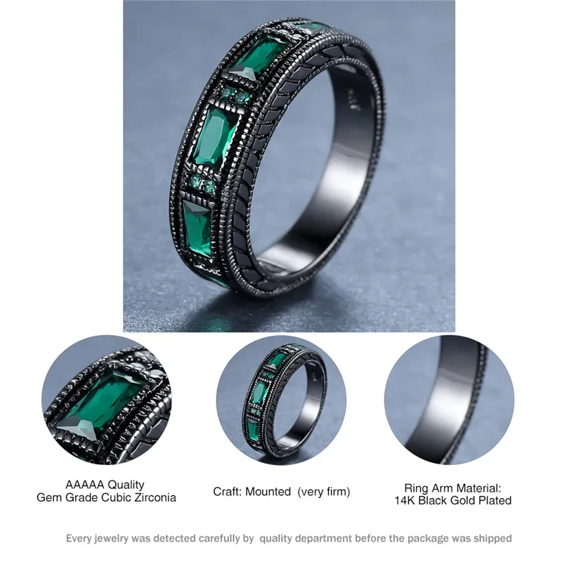

Charm Female Male Green Square Ring Vintage 14KT Black Gold Engagement Rings For Women Classic Crystal Zircon Wedding Band Ring