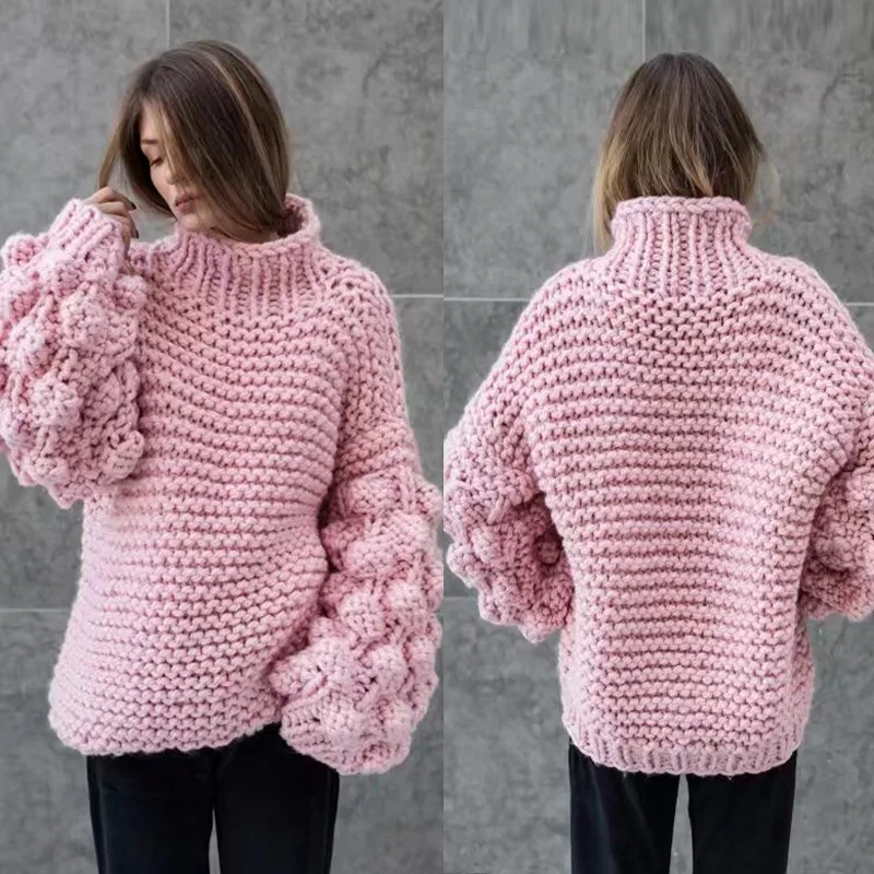 Cable Knit Sweater Women Autumn Winter Vintage Lazy Wind Balls Lantern Sleeve Hand-knitted Chunky Mohair Pull femme | Женская одежда