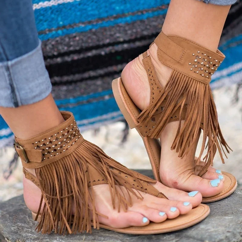 

GAOKE Summer Women Bohemian Sandals Flats Tassels Casual Summer Shoes Woman Flip Flop Slipper Beach Sandals Zapatos Mujer