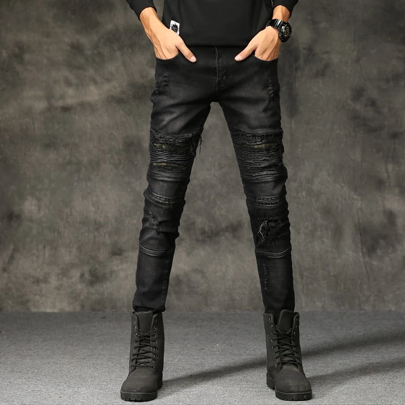 

2021 Men's Jeans Ripped Destroyed Biker Jeans Hip Hop Stretchy Denim Pants Slim Fit Male Patches Hole Male High Street Trousers