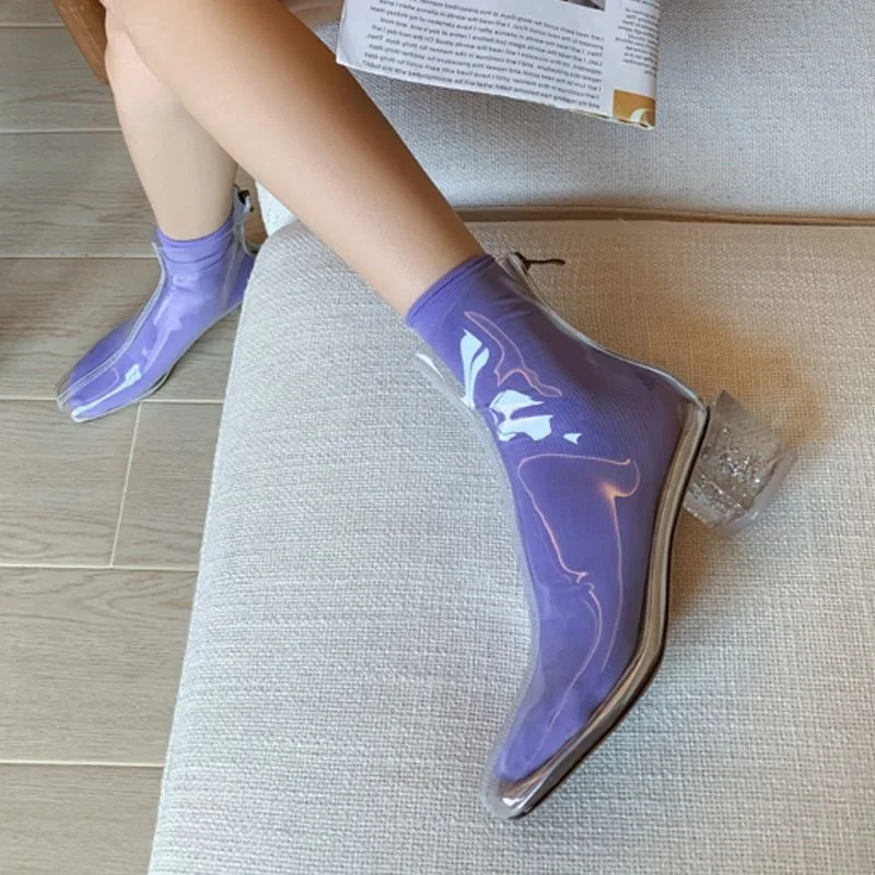 

KEMEKISS New Design Women Ankle Boots Transparent Shoes Women Square Heel Zipper Fashion Women Footwear Size 34-43