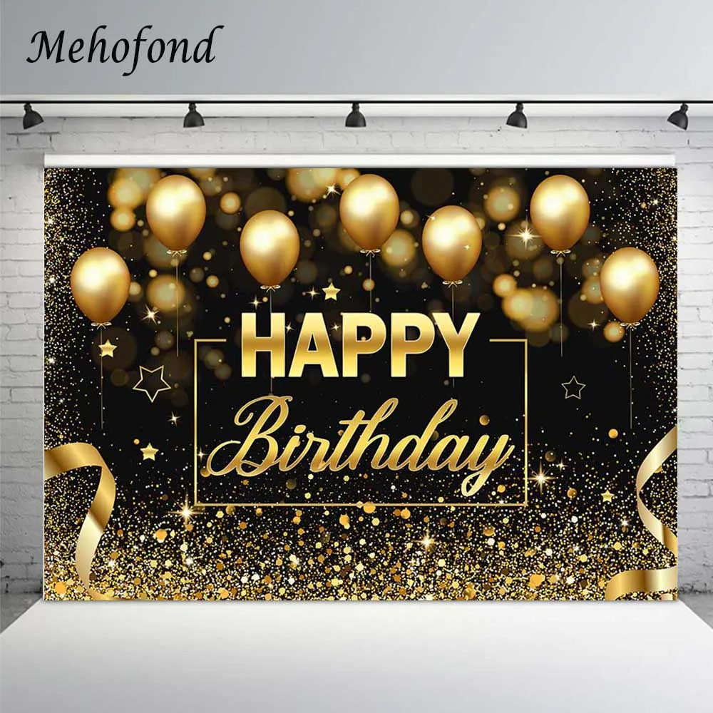 

Mehofond декорации с днем рождения задний плакат черный золотой воздушные шары боке точки пески фотография фон для фотостудии