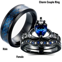 charm couple ring 316l stainless steel mens ring black gold filled 6mm blue zircon ladies wedding engagement ring set