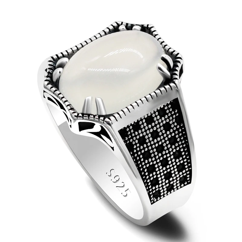 

Natural stone ring 925 sterling silver white agate stone vice stone spinel antique hold lucky ring women's men's Turkis