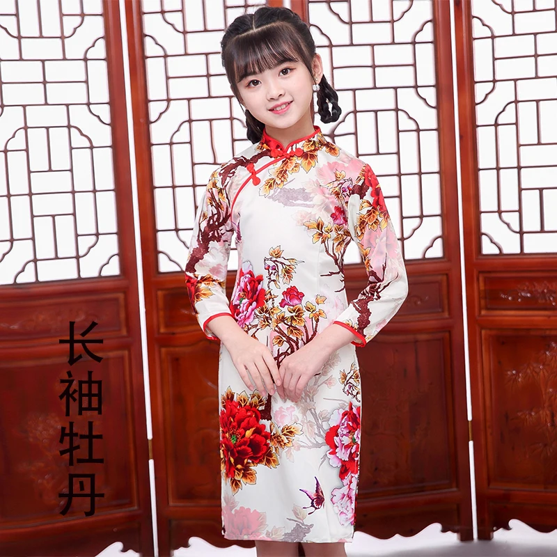 Long Sleeve Peony Chinese Traditional Dress Girls Cheongsam Qipao Style Cute Baby | Детская одежда и обувь
