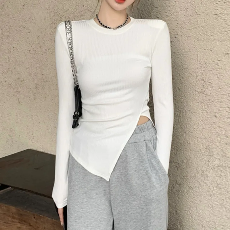 XUXI 2021 весна осень Женская белая вязаная футболка уличная одежда с длинным