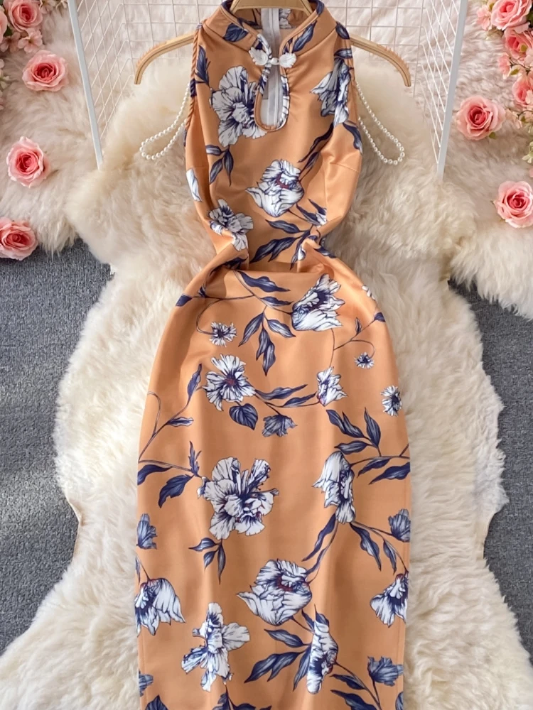 

Aibeautyer New Summer A Line O Neck Floral Print Lady Dress Casual Sleeveless Mid-calf Chiffon Pullover Women Dresses