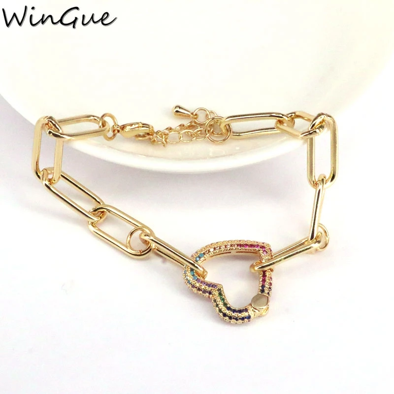 Золотистые регулируемые браслеты Rolo цепи с радугой CZ микро паве застежка