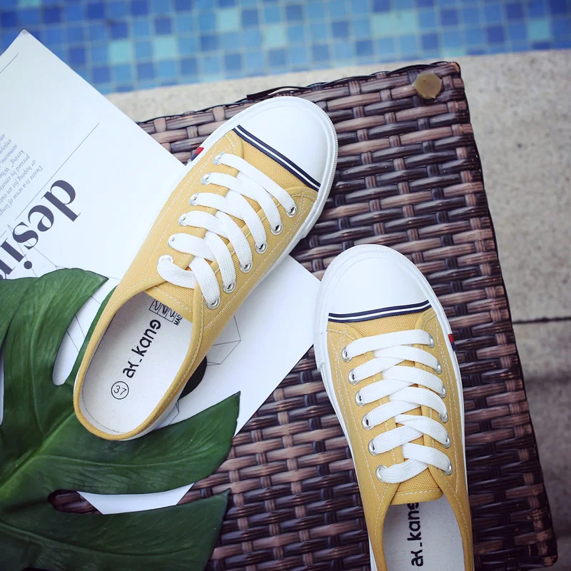 

No heel lazy shoes female 2021 spring new half drag small white shoes female student Korean leisure vulcanized canvas shoes