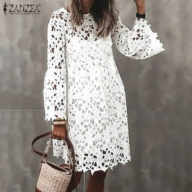 

Женское Повседневное платье с длинным Расклешенным рукавом и круглым вырезом, Осенний элегантный сарафан ZANZEA, вязаный крючком кафтан с цве...