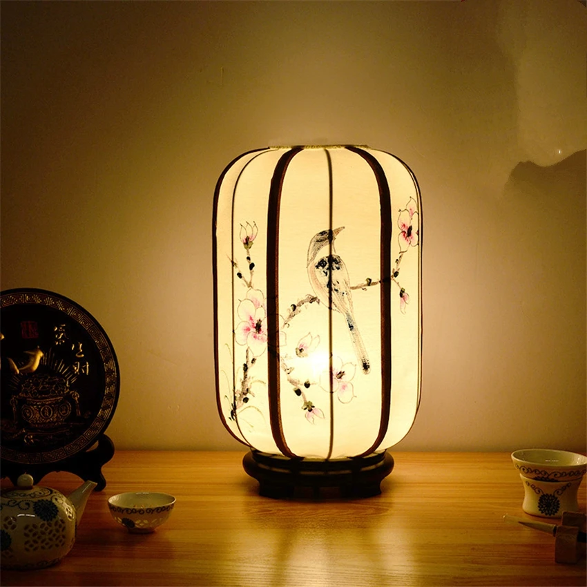 New Chinese Hand-painted Cloth Table Lamps Lantern Bedroom Bedside Piano Room Showroom Antique Study Desk Lights Deco Fixtures
