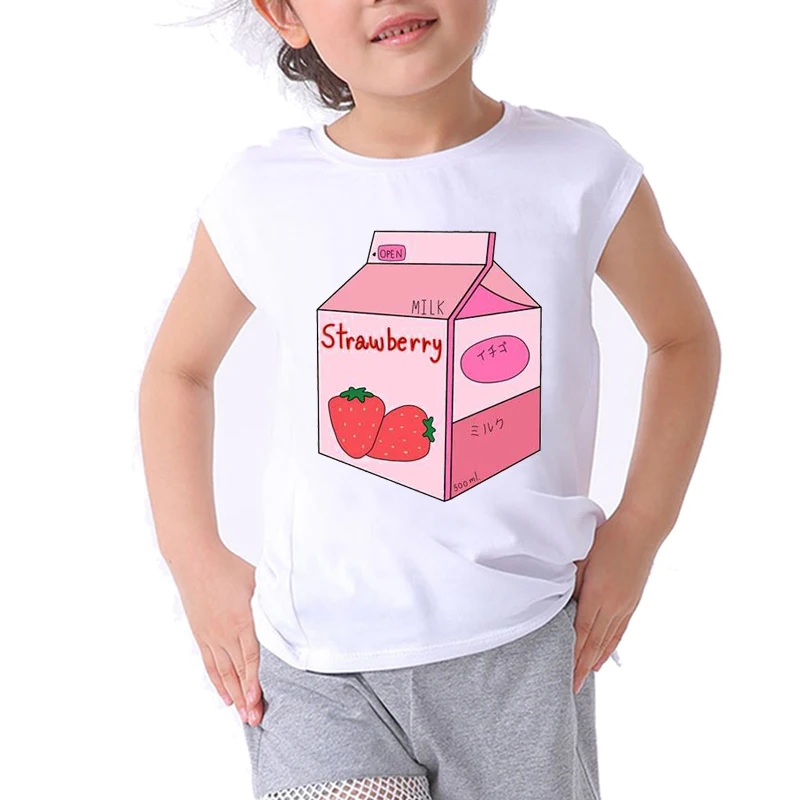 Милые футболки с рисунком клубники молока девочек мультяшная футболка сока для