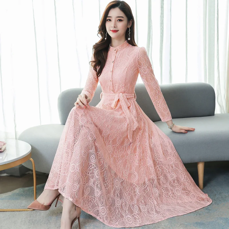 

Lace dress 2021 spring new large size women's long-sleeved temperament fashion lady long knee-length dress