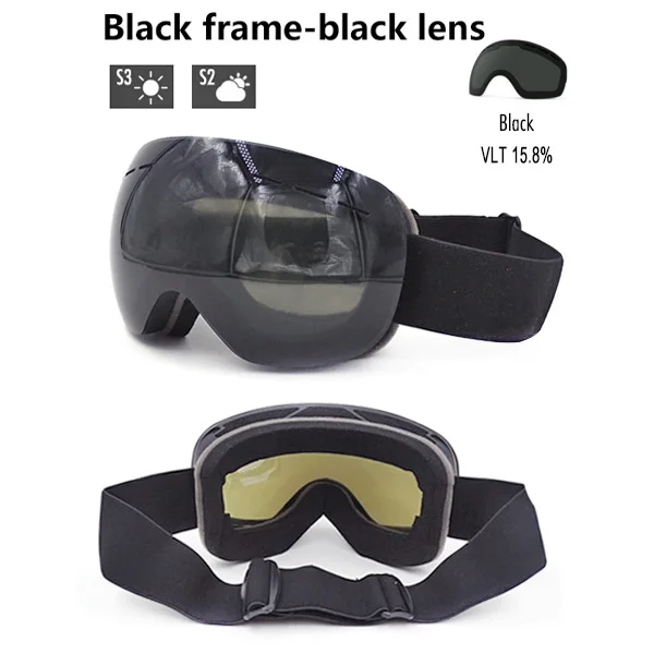 Black- black lens Женские лыжные очки, противотуманные, UV400, двухслойные, лыжная маска, чехол для мужчин, сноуборд, очки, сноубординг, снегоход, зимние лыжные очки - Цвет: Black- black lens