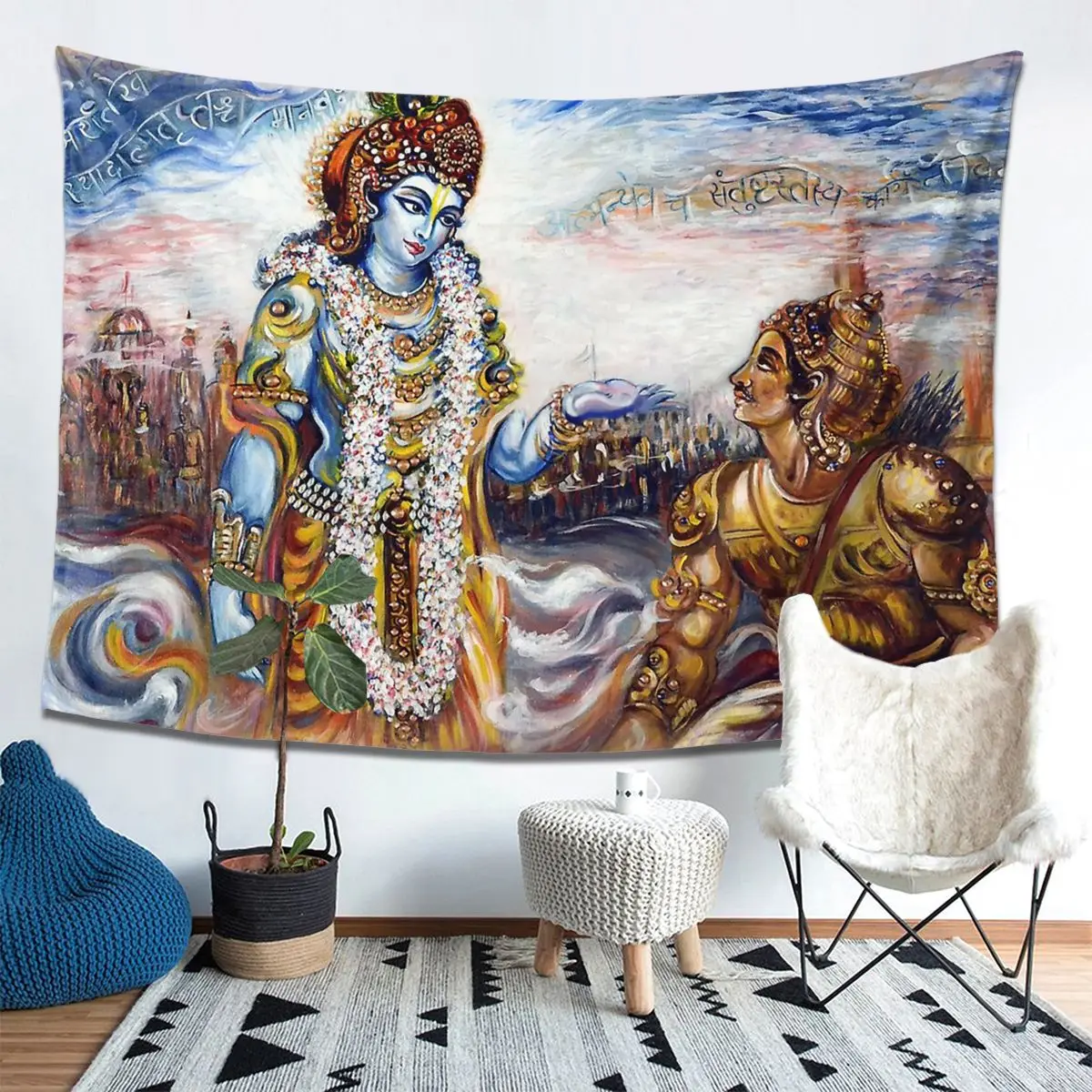 Кришна проповедей Арджуна Bhagwat Geeta гобелен Одеяло Настенный декор Индия стены
