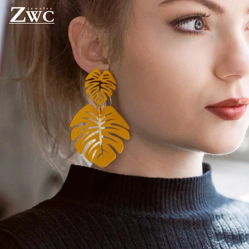 

ZWCX 2020 Fashion Statement Big Leaf Drop Earrings for Women Vintage Geometric Yellow Green Long Hollow Metal Earring Jewelry