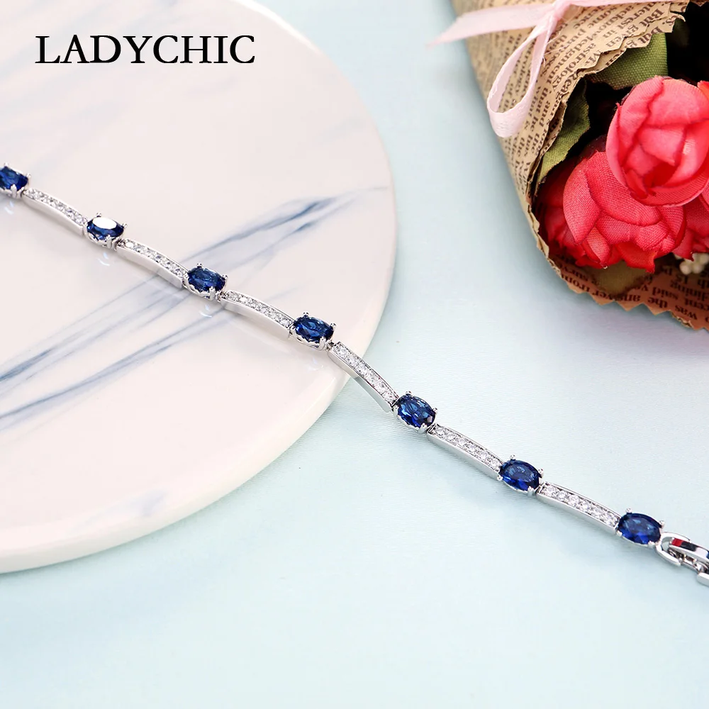LADYCHIC роскошный голубой зеленый овальный циркон серебряный цвет браслеты очаровательный кристалл невесты свадебные украшения для женщин Модный браслет LB1001
