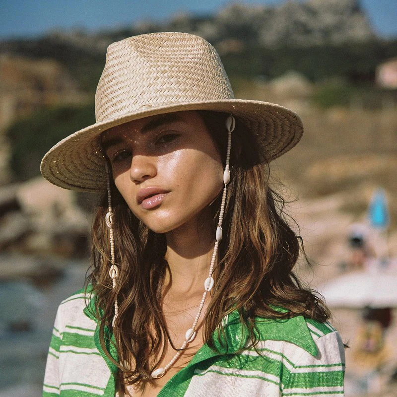 Sombreros de playa con cuentas de conchas marinas con cadena para mujer, sombrero de paja tejido Fedora para el sol, verano, Vacaciones, Panamá, 2022