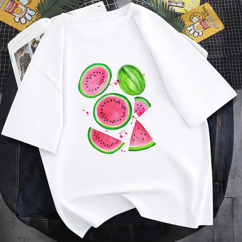 

Watercolor Watermelon Fruit Cartoon Short Sleeve Printed T-shirt Girl Tops Lady Tees Clothing Female T Shirt Womens T-Shirt