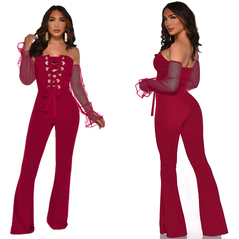 2020 Spring Sexy Sheer Mesh Hollow Out Bandage Night Party Jumpsuit Women Polka Dot Long Sleeeve Strapleless Outfit Rompers | Женская