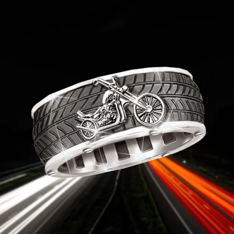 

2021New Gothic Punk Vintage Cool Motorcycle Tire Rings For Men Rock Hip Hop Biker Geometric Striped Wedding Band Jewelry