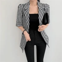 hzirip vintage plaid suit blazer jacket loose elegant summer blazers 2021 new fashion office lady short sleeve women coat tops