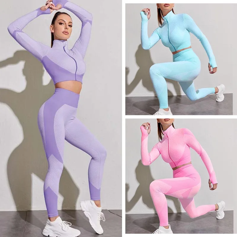 

Seamless Gym Yoga Suit Sports Sets For Women Tracksuit High Waist Leggings Running Pants Fitness Long Sleeve Top Workou Suits