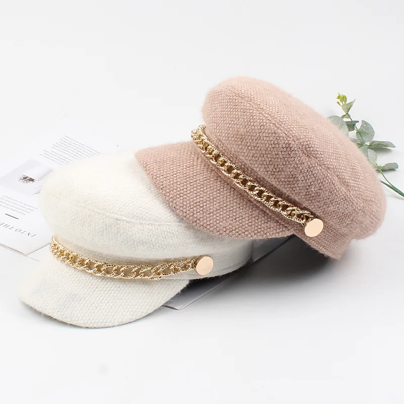 

Winter hat female British retro chain buckle fashion all-match flat-top cap Women Korean street student outing navy hat