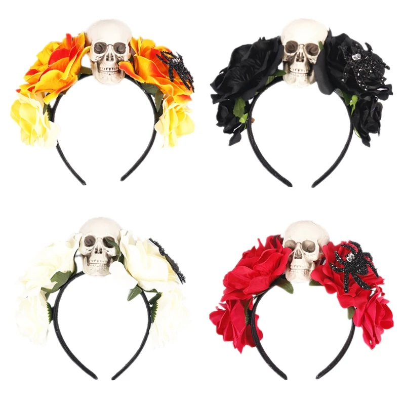 

L5YA Rose Skull Headwear Flower Skull Hairband Non Slip Headpiece Photo Props Fancy Handmade Halloween Gothic Accessories