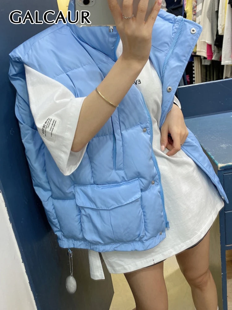 

GALCAUR Winter Coat For Women Stand Collar Sleeveless Solid Minimalist Cotton Vest Coats Female Korean Fashion Clothing 2021 New