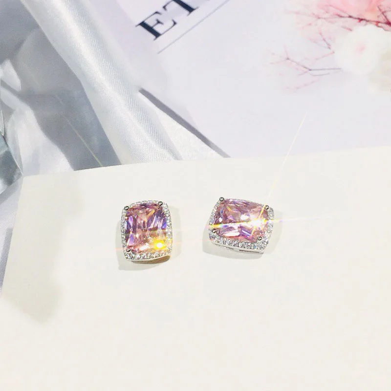 Женские роскошные серьги-гвоздики с розовым геометрическим цирконием винтажные